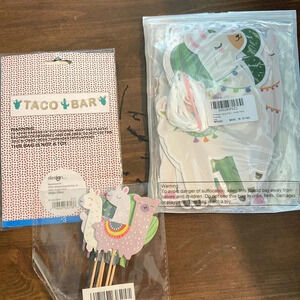 NWT, 3 pieces, taco bar banner, llamas and cactus banner, llama cupcake pics,